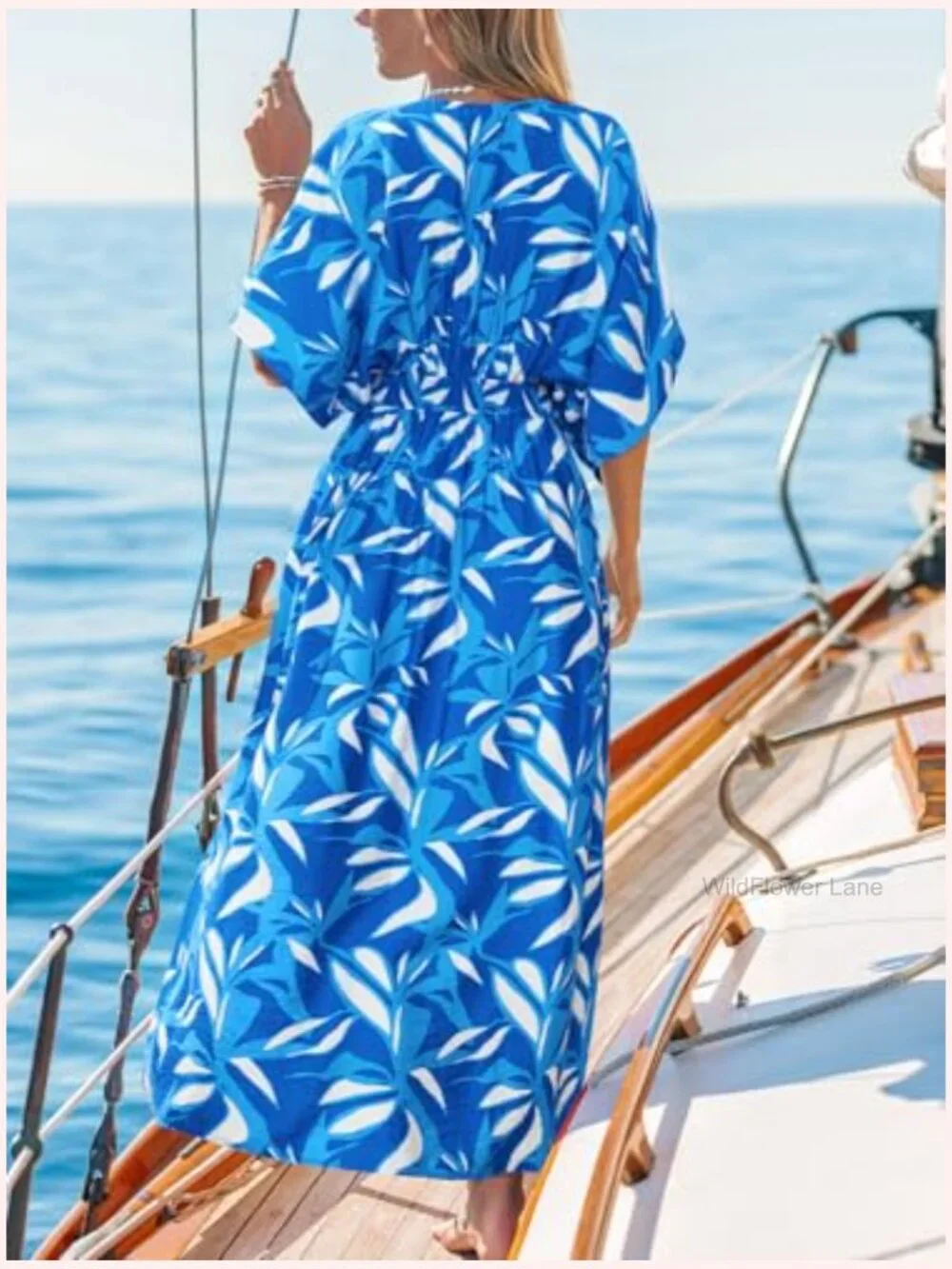 Bohemian Maxi Dress V Neck Smocked Empire Waist Slit Flowy Dress with Pockets - Picture 2 of 6
